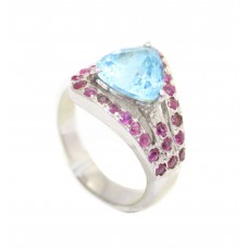 Handmade 925 Sterling Silver Women natural Blue Topaz Ruby Stone Ring Size 17
